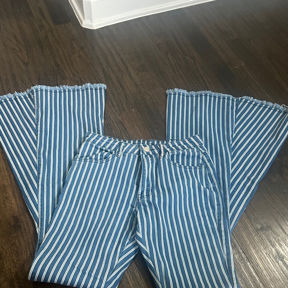 Blue and White Striped Flared Pants